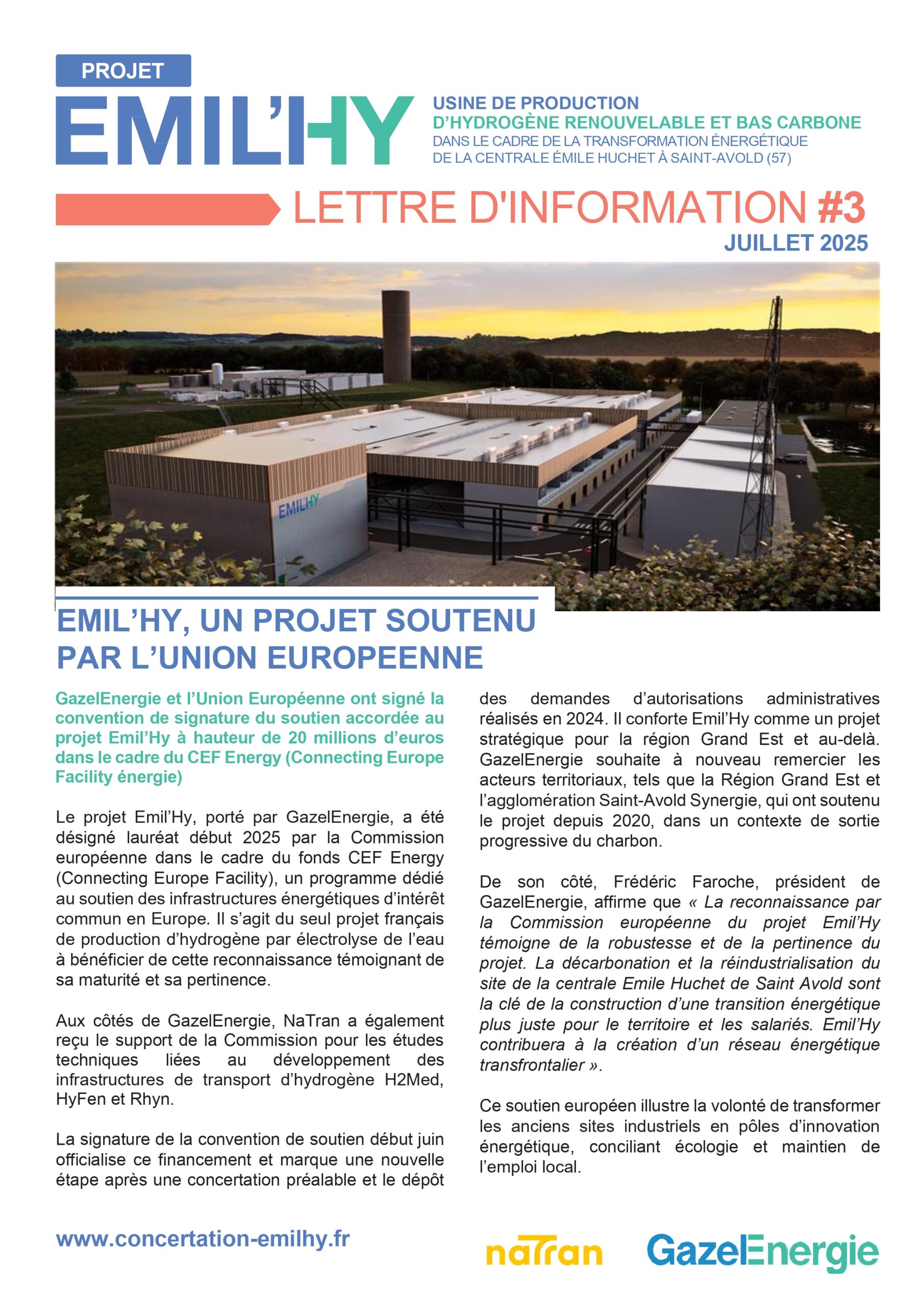 Lettre d'information de GazelEnergie au sujet du projet Emil'Hy